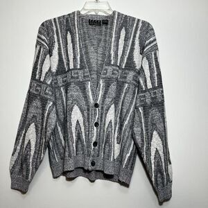 Graphic Textured Gray Greek‎ Key Geometric 90s Style Grandpa Cardigan Sweater M